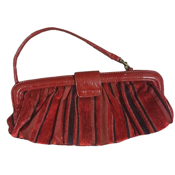 Striped Velvet Y2K Wristlet Clutch Bag Red Patent Leather - Picture 1 of 5